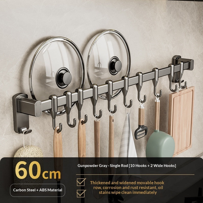 Removable No-drill Kitchen Hanging Rod With Row Of Hooks For Storing Spatulas And Spoons
