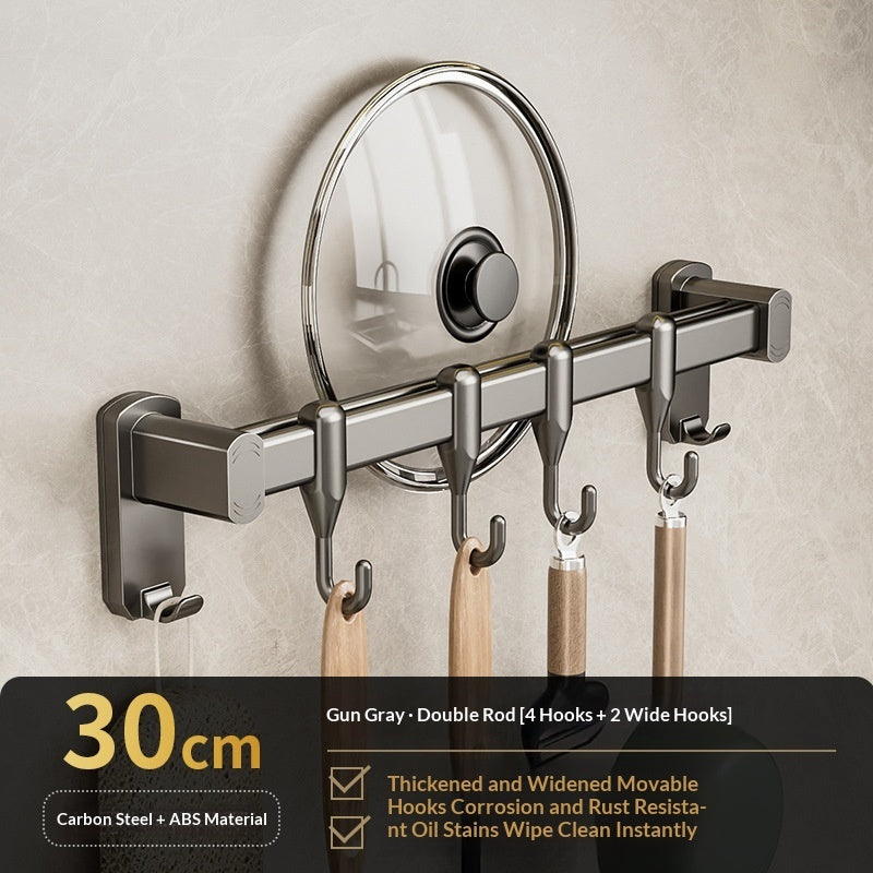 Removable No-drill Kitchen Hanging Rod With Row Of Hooks For Storing Spatulas And Spoons