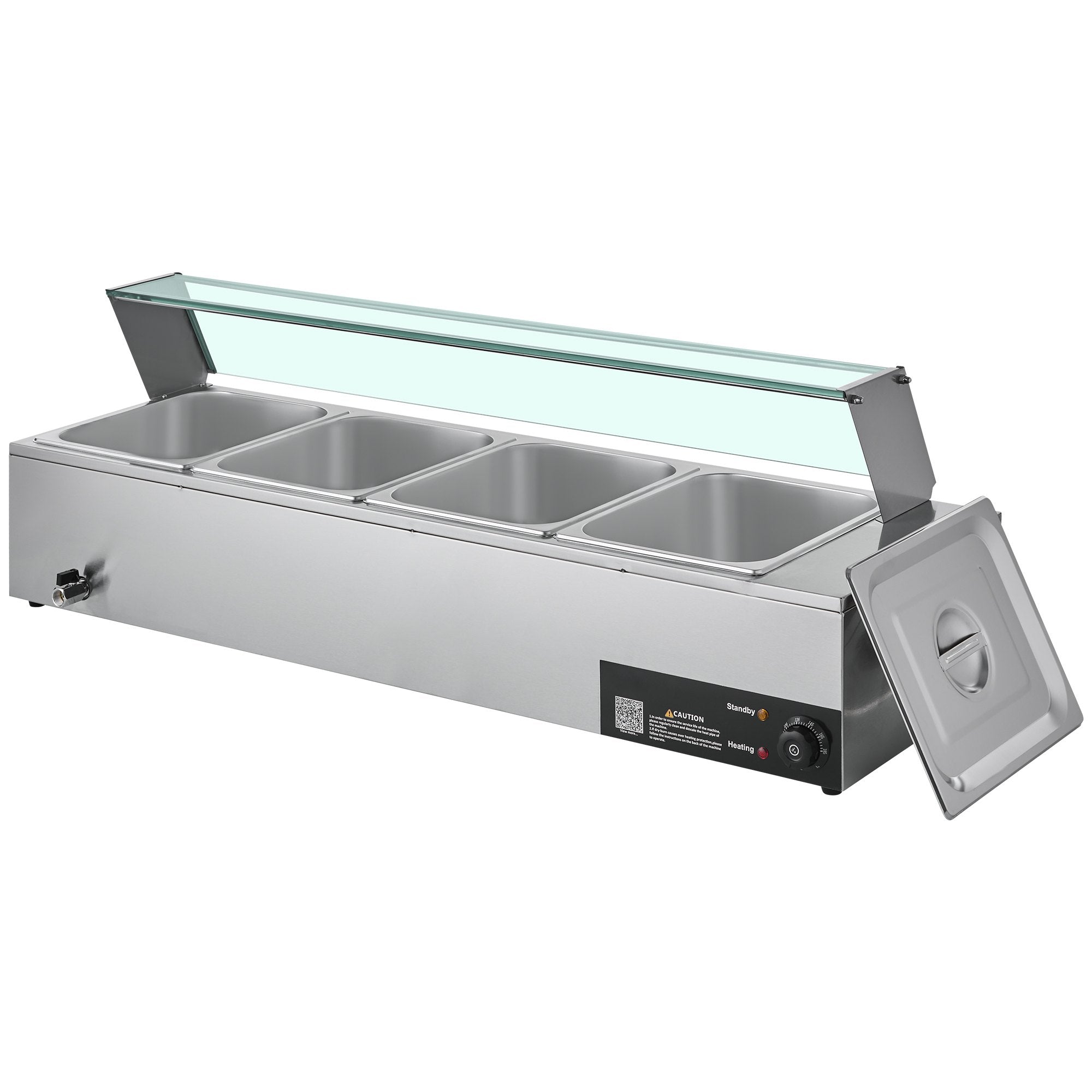 Commercial Food Warmer, 1500W Electric Stainless Steel Steam Food Warmer With Glass Cover, 4-Pan Countertop Buffet Bain Marie With Soup & Perforated Ladles, For Catering, Restaurant & Party