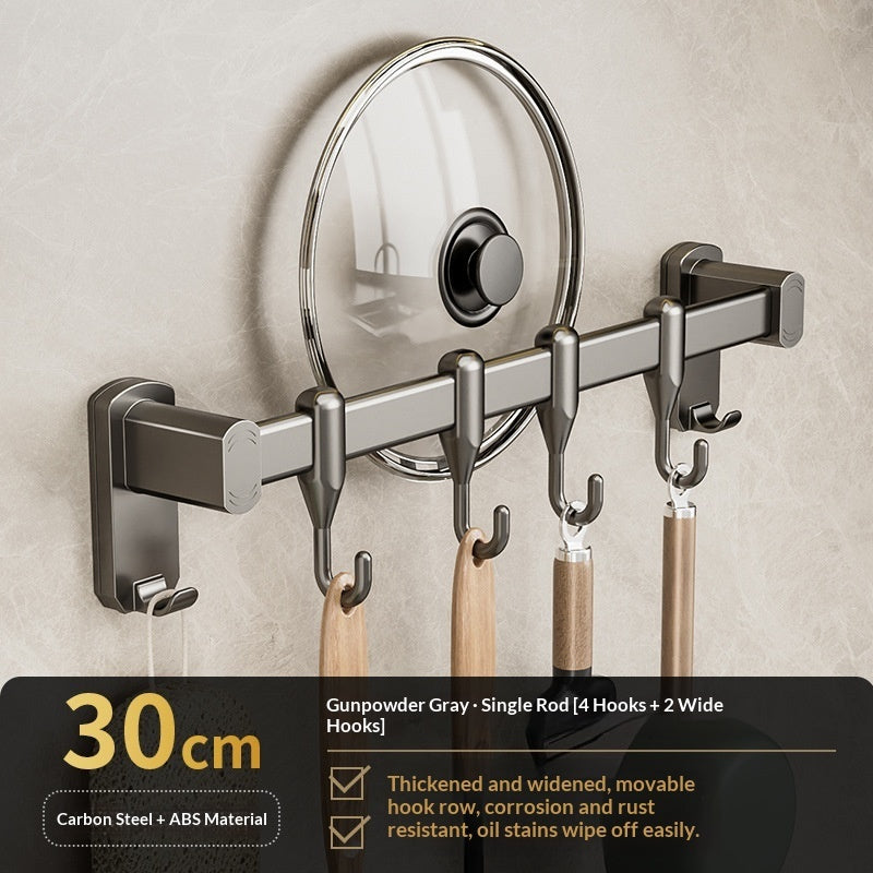 Removable No-drill Kitchen Hanging Rod With Row Of Hooks For Storing Spatulas And Spoons