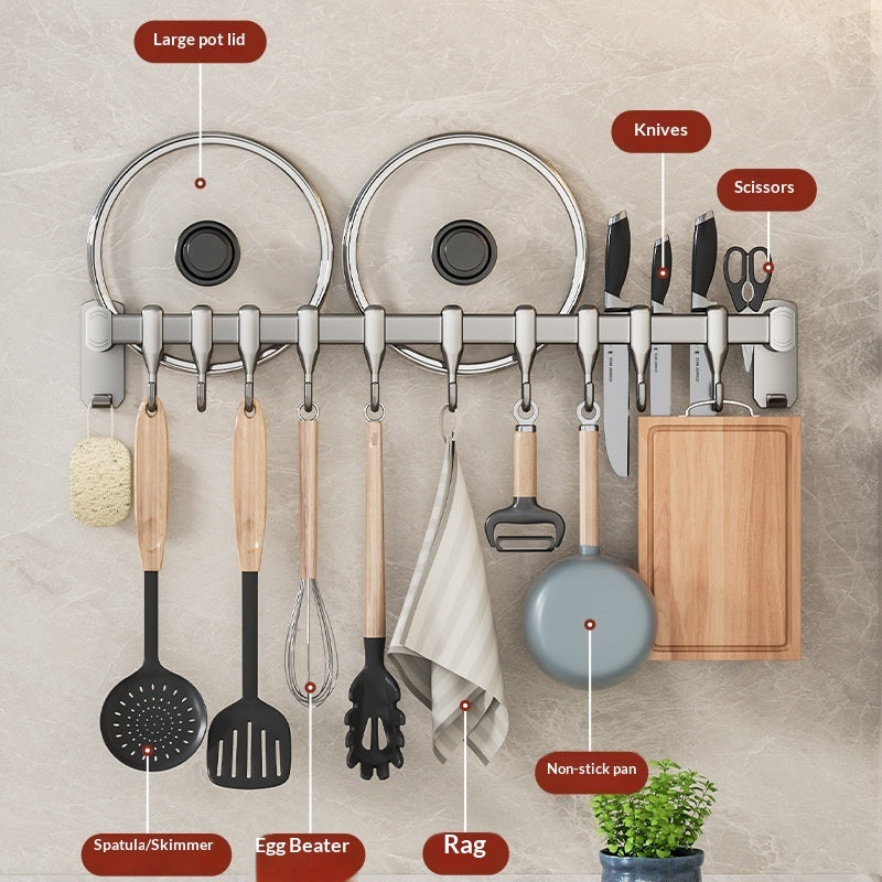 Removable No-drill Kitchen Hanging Rod With Row Of Hooks For Storing Spatulas And Spoons