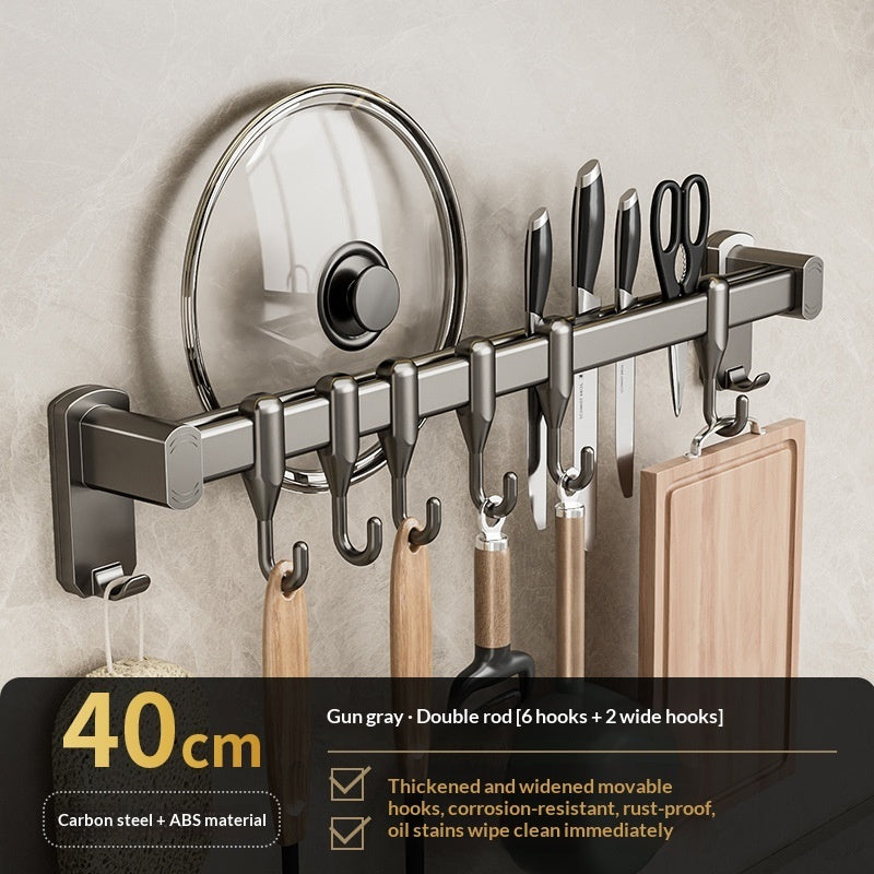 Removable No-drill Kitchen Hanging Rod With Row Of Hooks For Storing Spatulas And Spoons
