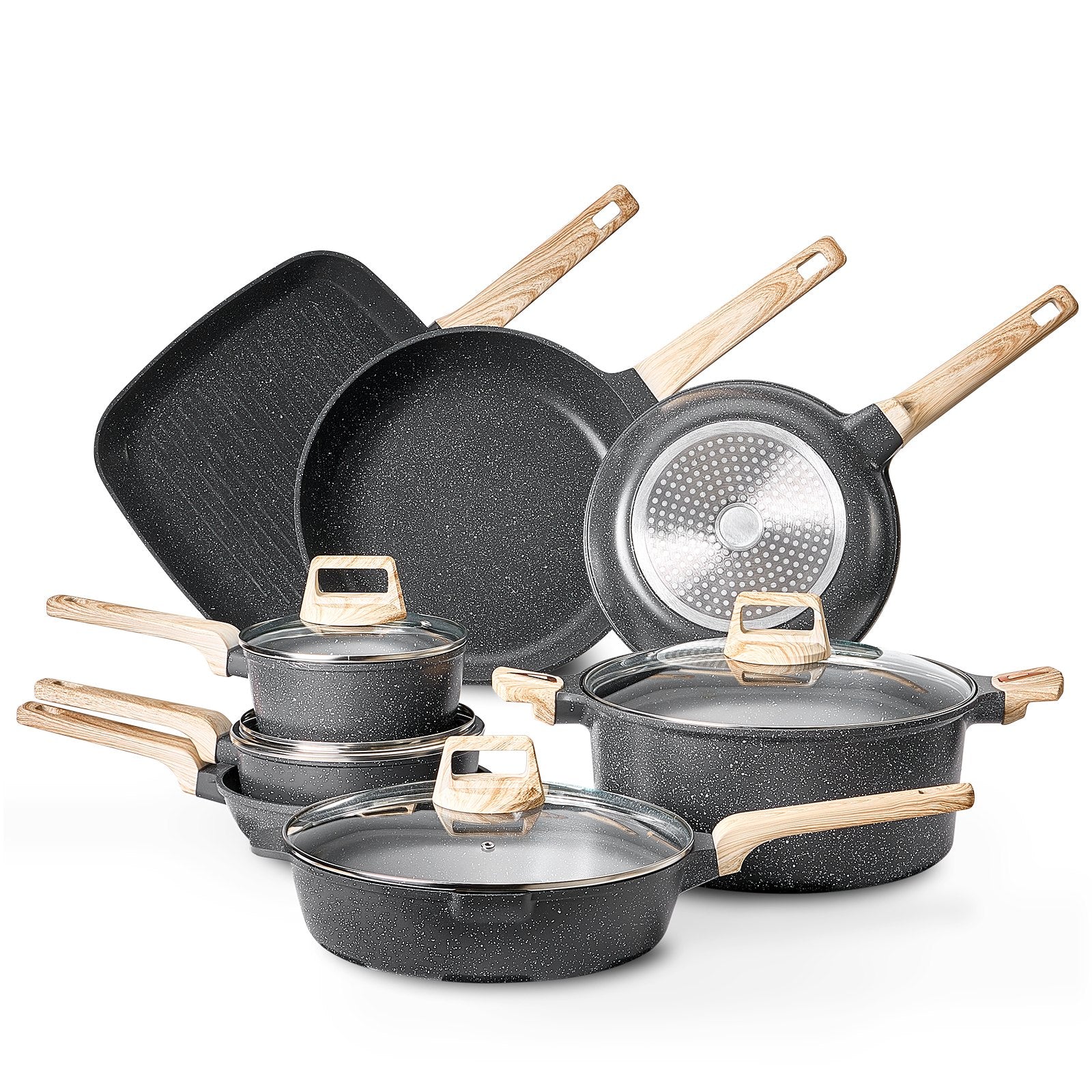19 Piece Pots And Pans Set Granite Nonstick Kitchen Cookware Induction Black