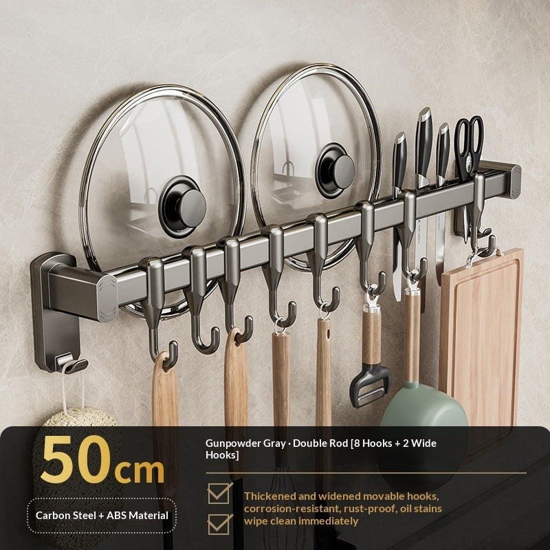 Removable No-drill Kitchen Hanging Rod With Row Of Hooks For Storing Spatulas And Spoons