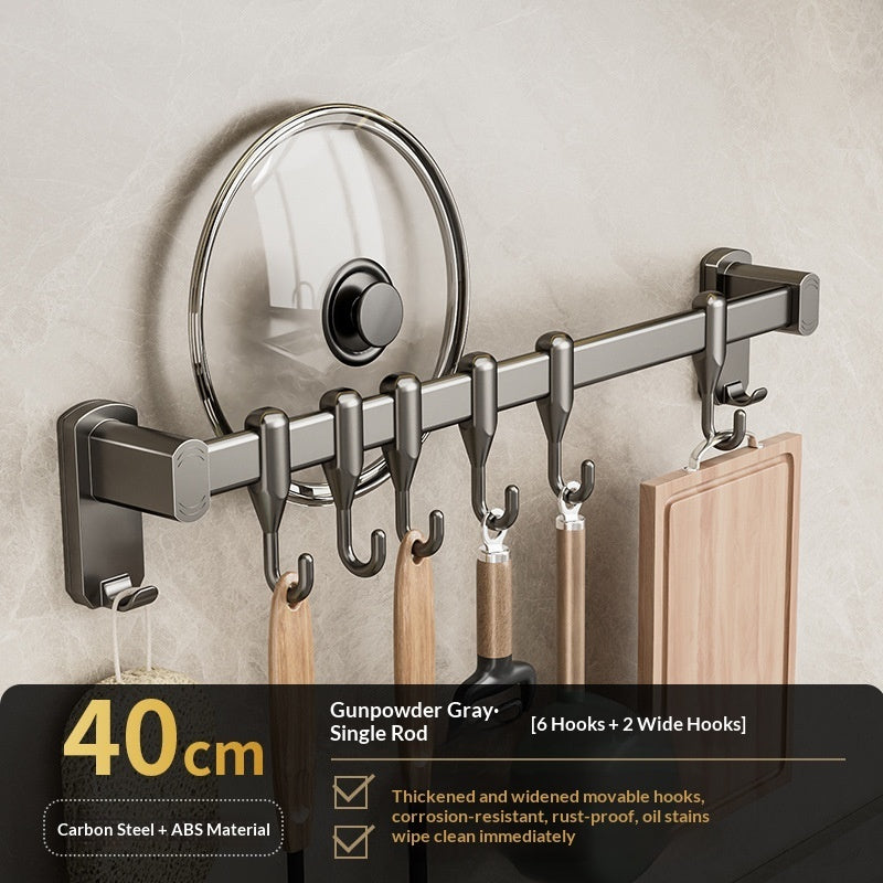 Removable No-drill Kitchen Hanging Rod With Row Of Hooks For Storing Spatulas And Spoons