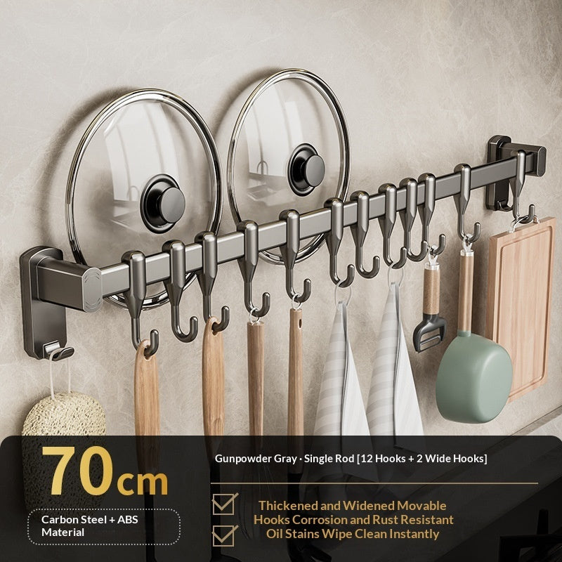 Removable No-drill Kitchen Hanging Rod With Row Of Hooks For Storing Spatulas And Spoons