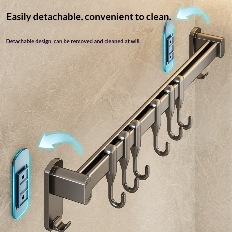 Removable No-drill Kitchen Hanging Rod With Row Of Hooks For Storing Spatulas And Spoons