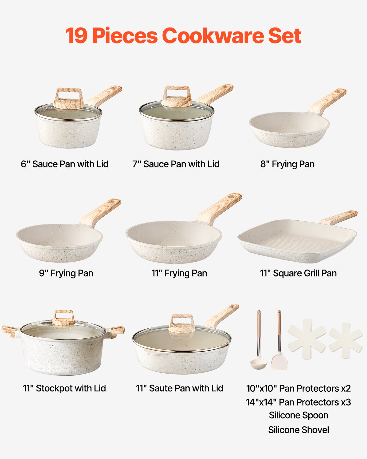 19 Piece Pots And Pans Set Granite Nonstick Kitchen Cookware Induction White